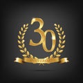 30 anniversary golden symbol. Golden laurel wreaths with ribbons and thirty anniversary year symbol on dark background