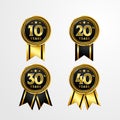 Anniversary logo badge with ribbon vector design. Set of shiny gold black medal button with numbers for birthday celebration Royalty Free Stock Photo