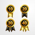 Anniversary logo badge with ribbon vector design. Set of shiny gold black medal button with numbers for birthday celebration Royalty Free Stock Photo