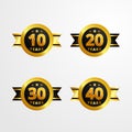 Anniversary logo badge with ribbon vector design. Set of shiny gold black medal button with numbers for birthday celebration Royalty Free Stock Photo