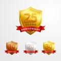 Anniversary logo badge vector design. Set of Shinny golden, silver, bronze shield with ribbon for birthday event celebration Royalty Free Stock Photo