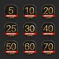 Anniversary logo`s collection. 5th, 10th, 20th, 25th, 30th, 40th, 50th, 60th, 70th year celebration gold logotypes.