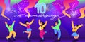 Anniversary party, dance festival youth people. Jumping characters, carnival or parade event, happy music poster. Happy