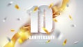 Anniversary premium emblem with golden confetti. Celebration 10th anniversary event party template. Royalty Free Stock Photo