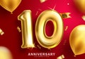 Anniversary 10th vector background design. Anniversary 10 years celebration event with inflatable gold balloons