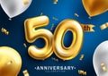 Anniversary 50th vector background design. 50 years celebration party event with gold balloons Royalty Free Stock Photo