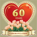 Anniversary 60th years celebration, happy birthday. Postcard with bouquet of red roses and heart. Royalty Free Stock Photo