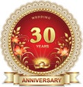 Anniversary 30th years, wedding card with rings and lilies flowers decorated ribbon. Vector illustration