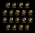 Anniversary vector numbers set. Birthday celebration logo collection. Golden years signs on black background. Jubilee Royalty Free Stock Photo