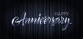 Anniversary vector text banner, letter, poster. Happy Anniversary 3d silver text on black curtain background. Luxury