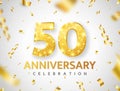 Anniversary 50 year card. Birthday glitter number decor. Golden confetti ribbon banner. Luxury gold background Royalty Free Stock Photo