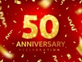 Anniversary 50 year red card. Birthday glitter number decor. Celebration poster. Golden confetti ribbon banner. Luxury Royalty Free Stock Photo