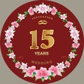 Anniversary 15 years, wedding card with floral pattern, hearts and rings. Vector illustration