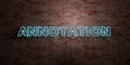 ANNOTATION - fluorescent Neon tube Sign on brickwork - Front view - 3D rendered royalty free stock picture Royalty Free Stock Photo