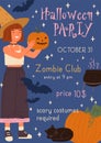Announcement of childish Happy Halloween party with place for text. Poster of seasonal holiday with little witch hold