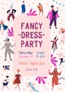 Announcement of fancy dress party at nightclub vector flat illustration. Promo poster of carnival with design elements