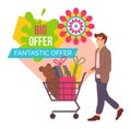 Announcement of a fantastic offer. Photo of a man with gift boxes and toy bear in the shopping cart