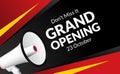 Announcement grand opening with megaphone speaker at corner. flayer marketing banner template for business re open ceremony