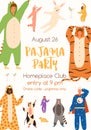 Announcement of pajama party poster vector flat illustration. Colorful man and woman in funny onesies representing