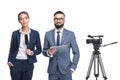 announcers with digital tablet standing near tv video camera, Royalty Free Stock Photo