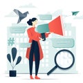 Female character with megaphone. World freedom press day, news concept Royalty Free Stock Photo