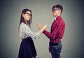 Annoyed angry man and woman facing relationships problems, pointing fingers each other blaming for mistakes Royalty Free Stock Photo