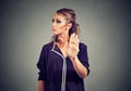 Annoyed angry woman with bad attitude giving talk to hand gesture Royalty Free Stock Photo