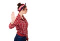 Annoyed angry woman giving talk to hand gesture with palm outward Royalty Free Stock Photo