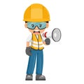 Annoyed industrial construction worker making an announcement with a megaphone. Construction supervisor engineer with personal