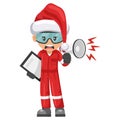 Annoyed industrial mechanic worker with Santa Claus hat with notepad for project evaluation with thumb up. Supervisor engineer.