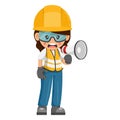 Annoyed industrial woman construction worker making an announcement with a megaphone. Supervisor engineer with personal protective