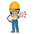 Annoyed industrial woman worker making an announcement with a megaphone. Construction supervising engineer with personal