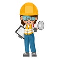 Annoyed industrial woman worker making an announcement with a megaphone with notepad. Supervising engineer with personal Royalty Free Stock Photo