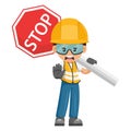 Annoyed industrial worker carrying stop sign. Construction worker with his personal protective equipment. Industrial safety and
