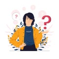 Annoyed, irritated business woman with question mark concept illustration