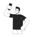 Annoyed man searching signal with phone bw vector spot illustration