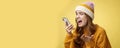 Annoyed pissed freak-out crazy woman shouting smartphone look display near face irritated arguing boyfriend breaking-up Royalty Free Stock Photo