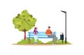 Annoyed woman by man smoking and drinking in park semi flat RGB color vector illustration