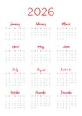 Annual calendar for 2026