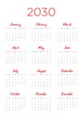 Annual calendar for 2030 Royalty Free Stock Photo