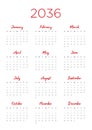 Annual calendar for 2036 Royalty Free Stock Photo