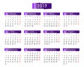 Annual calendar for 2019 year with the violet, purple