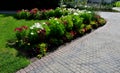 Annual flowerbed in a formal park of rectangles in the lawn. perfect connected flower bed at the pedestrian zone with benches whit