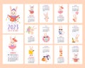 Annual monthly wall calendar for 2023 with mascot Year cute bunny. Collection of 12 vertical a4 pages templates and