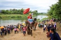 Annual ordination tradition on elephant parade at Sri Satchanalai District. Tourist and many people come to watch and enjoy before