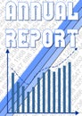 Annual report cover template with small numbers and blue graph with rising trend curve