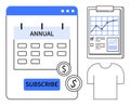 Annual subscription plan with calendar, payment coins, analytics chart, and customizable options Royalty Free Stock Photo