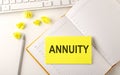 ANNUITY text on sticker on the diary with keyboard and pencil