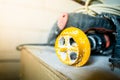 Annular XPS Cutter for Styrofoam sheets close-up on a drill. Tool for fixing polystyrene foam to the wall. Plastic nozzle for a