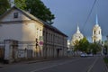 Annunciation cathedral in Moscow, on the Radio Street. Dark blue sky background.